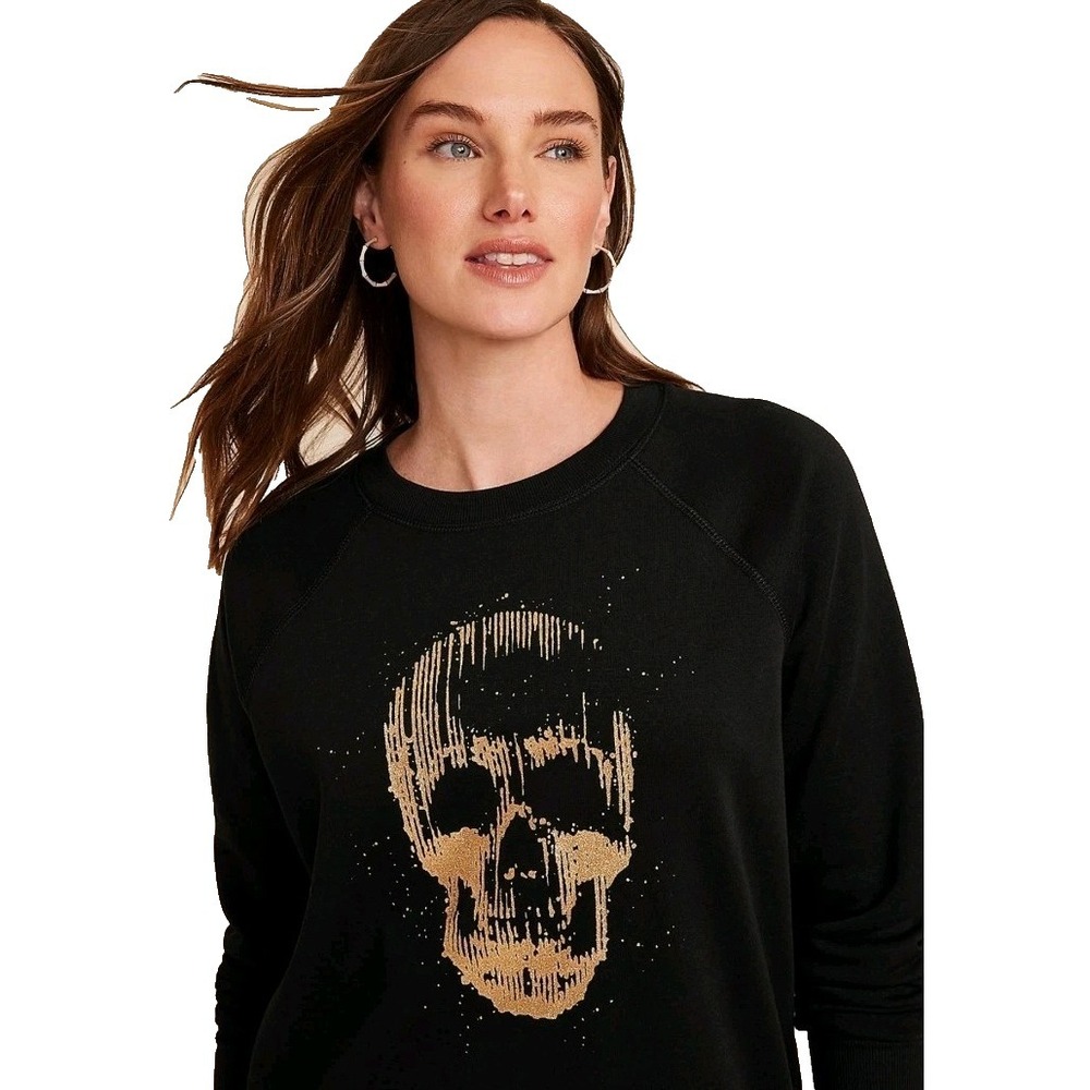 Maurices Womens XXL Sweatshirt Black Gold‎ Glitter Skull Graphic Crew Neck NWOT